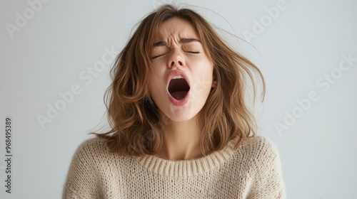 Sleepdeprived woman yawning, messy hair, oversized sweater, pure white background, everyday tiredness, relatable moment, focus on facial expression photo