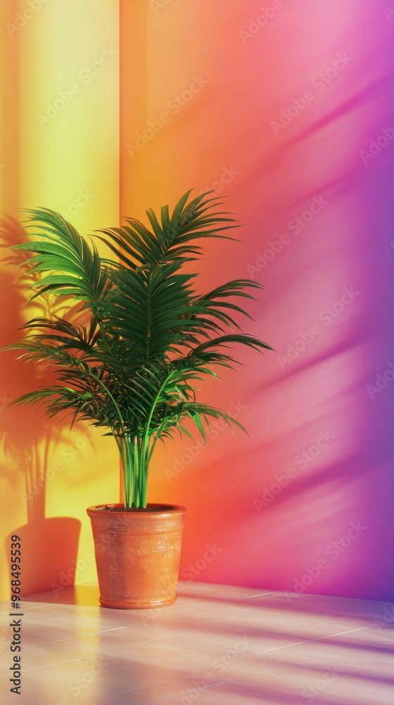 potted palm plant against vibrant gradient background potted palm plant against vibrant gradient background