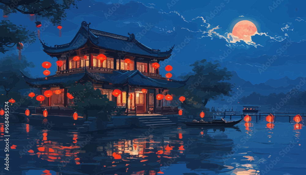 Obraz premium Chinese-style architecture at night, illuminated by traditional lanterns, with a full moon in the background and a boat on the water