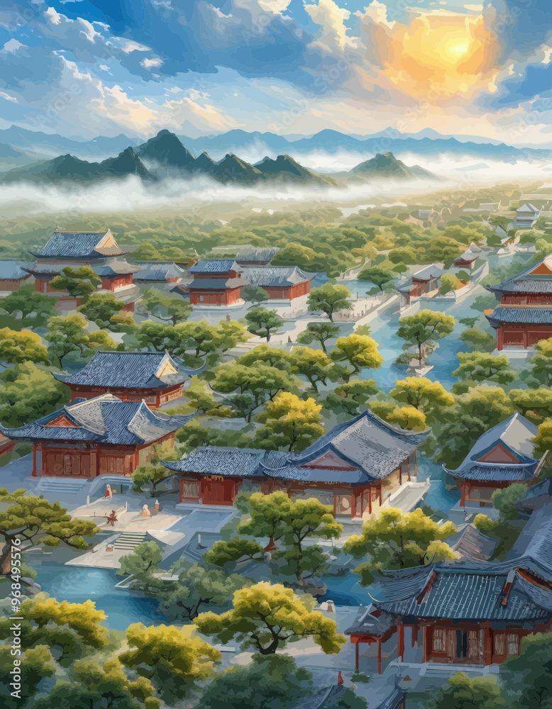 Chinese-style architecture in a serene landscape Chinese-style architecture in a serene landscape