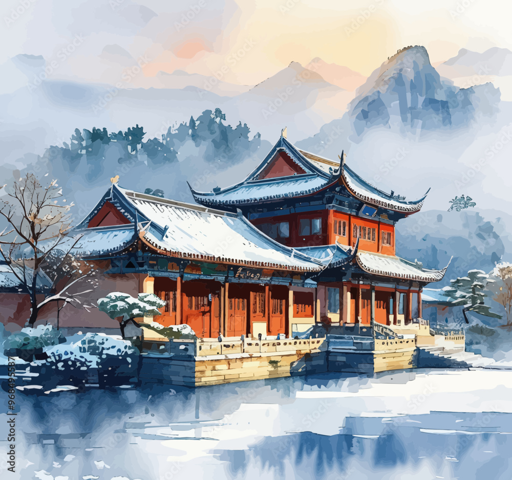 Obraz premium Chinese-style architecture with snow-capped mountains in the background