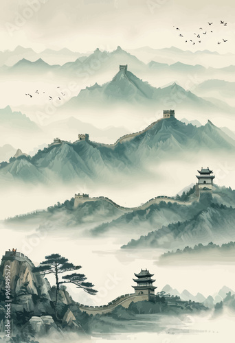 Chinese-style architecture amidst misty mountains