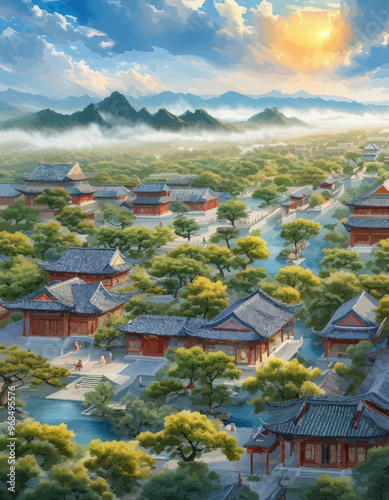 Chinese-style architecture in a serene landscape