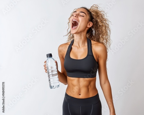 Fitness woman yawning after workout, holding a water bottle, pure white background, postexercise tiredness, health and wellness, sporty vibe photo