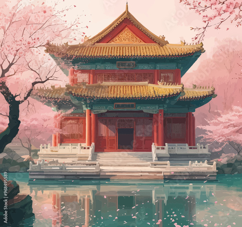 Chinese-style architecture with traditional red roof and golden accents, set against a backdrop of cherry blossom trees and a tranquil pond