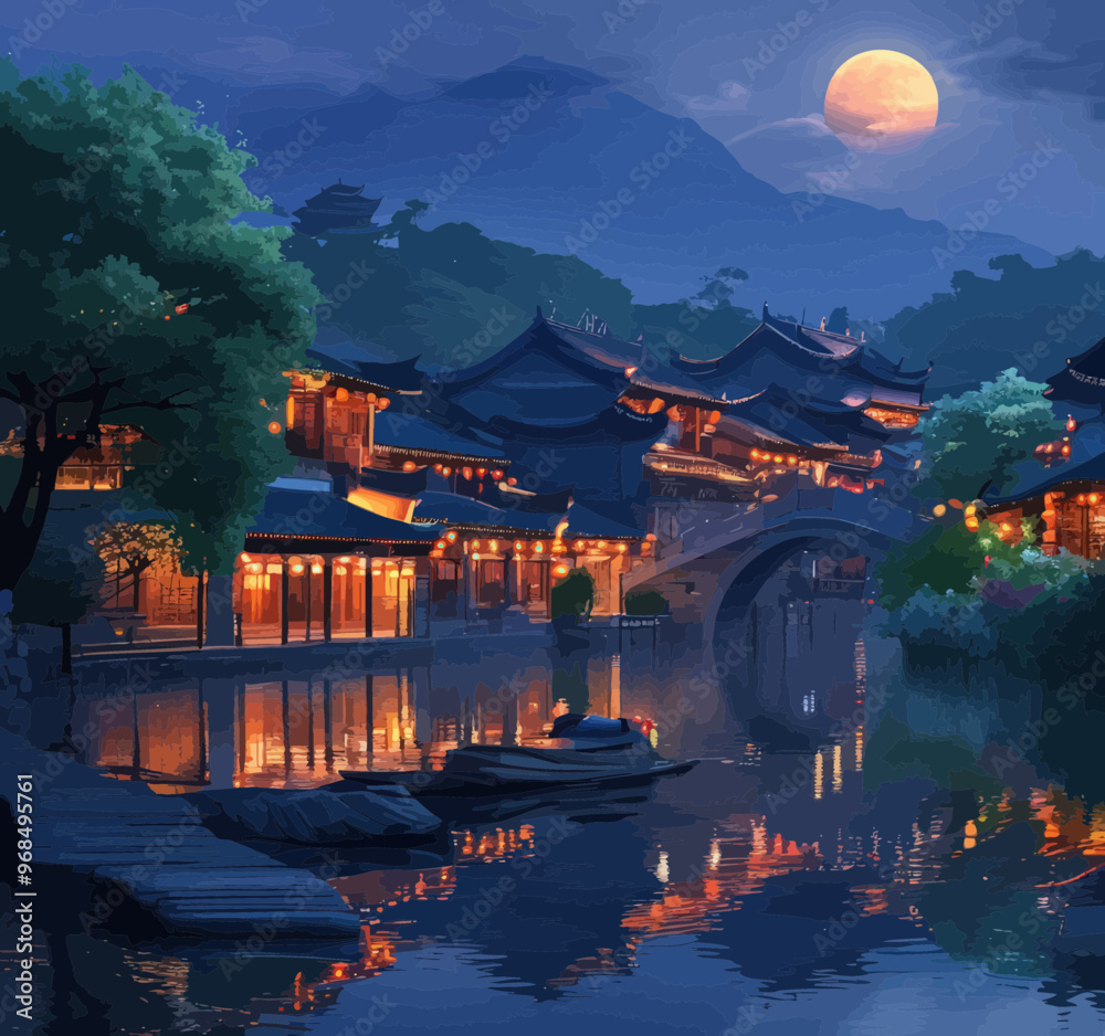 Fototapeta premium Chinese-style village at night with traditional architecture and a full moon