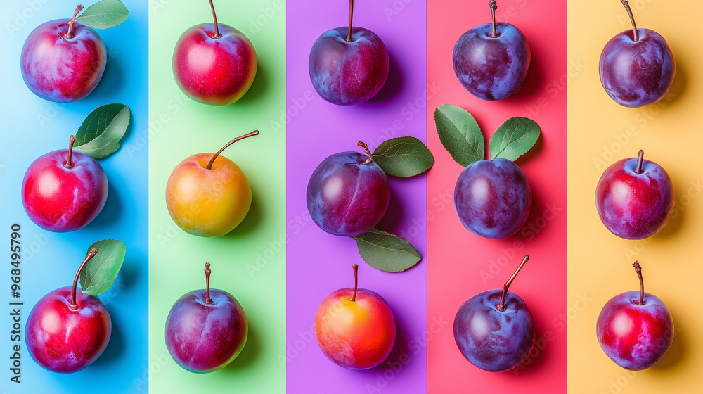 A colorful collage of plums arranged on bright fluorescent backgrounds. Each segment showcases plums in different shades on contrasting colors A colorful collage of plums arranged on bright fluorescent backgrounds. Each segment showcases plums in different shades on contrasting colors