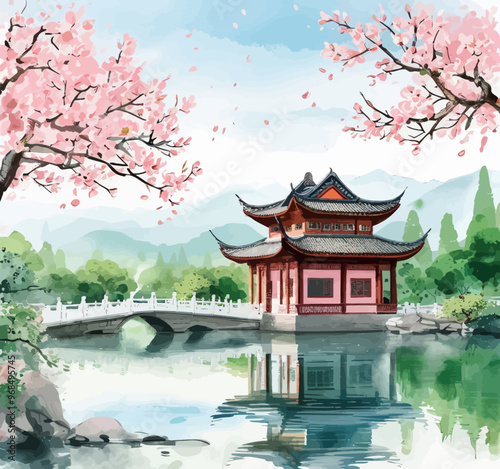 Chinese-style pavilion with pink roof and white walls, surrounded by cherry blossom trees and a tranquil pond