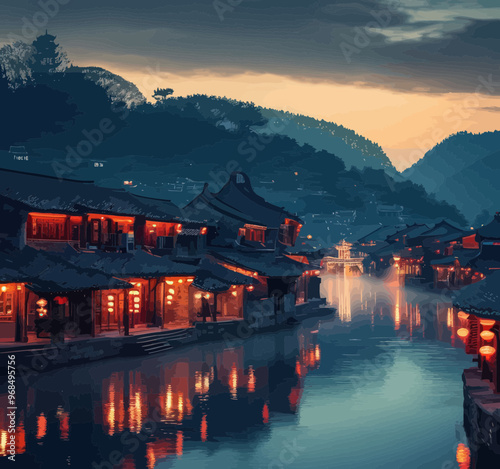 Chinese-style village at dusk with illuminated buildings reflecting on water