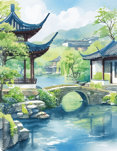 Chinese-style pavilion with traditional architecture, surrounded by a tranquil pond and lush greenery