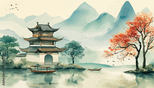 Chinese-style pavilion with traditional roof, surrounded by misty mountains and a tranquil lake, with a small boat and a tree with autumn foliage