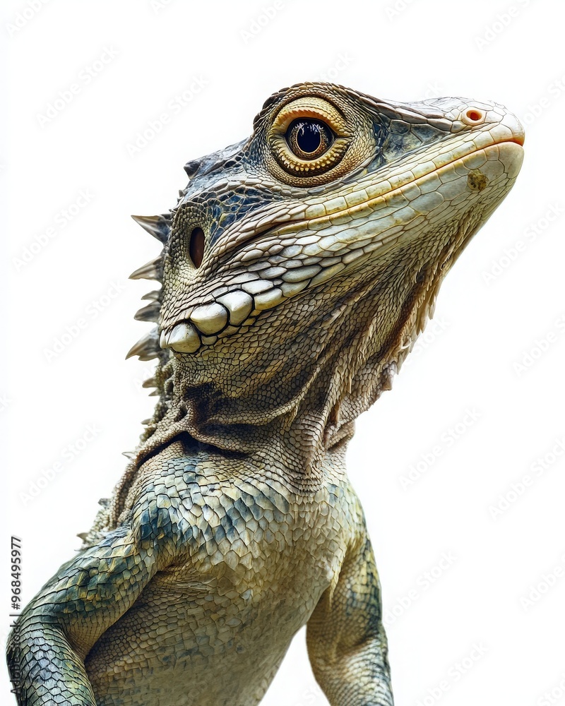 Obraz premium A close-up of a captivating lizard showcasing intricate details of its scales and vibrant eyes against a clean background.