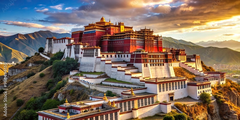Fototapeta premium intricate details, vibrant, view, corner, High angle view of the corner of the Potala Palace in Lhasa Tibet showcasing the intricate architectural details and vibrant red and gold colors