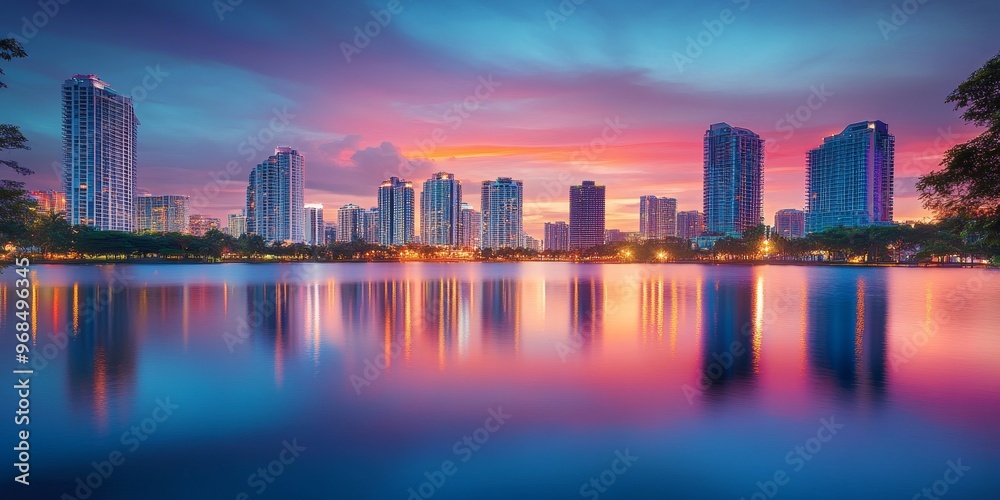 A vibrant city skyline reflected in the calm waters of a lake, where modern architecture meets the tranquil surface A vibrant city skyline reflected in the calm waters of a lake, where modern architecture meets the tranquil surface
