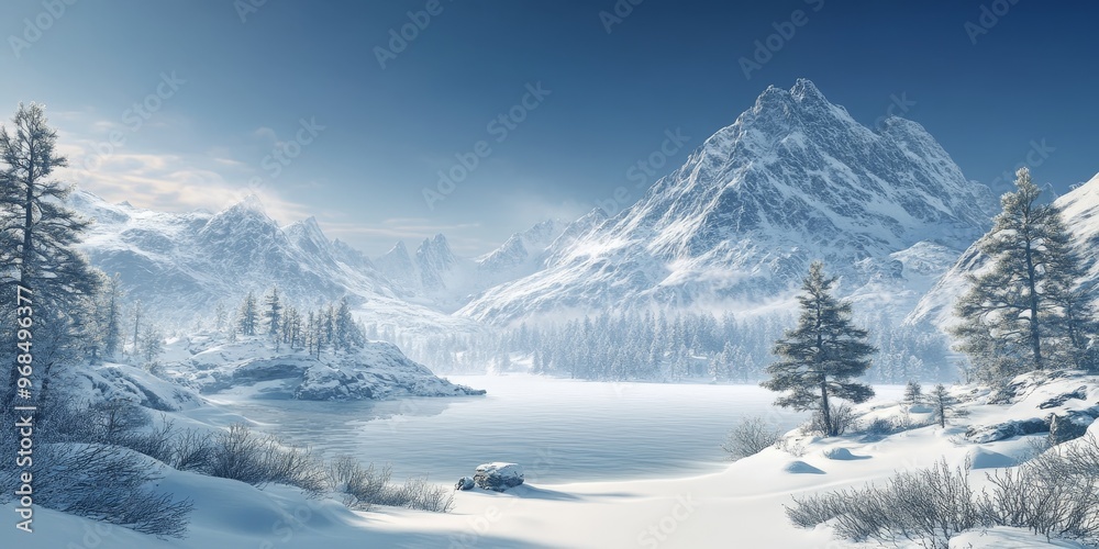 Snow-covered landscape in a famous park, with towering mountains and a clear sky creating a scene of pure, untouched beauty Snow-covered landscape in a famous park, with towering mountains and a clear sky creating a scene of pure, untouched beauty