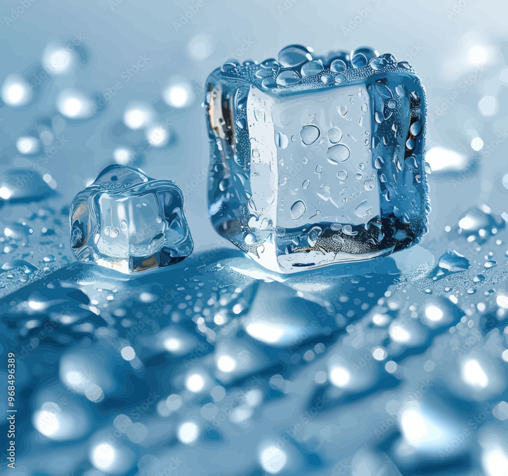 Crystal Ice Cubes on Water Droplets Crystal Ice Cubes on Water Droplets