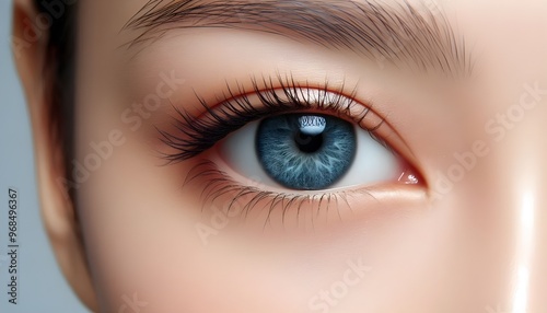 Close-up photo of a human eye with blue iris on a light background, reflecting a concept of beauty and detail.