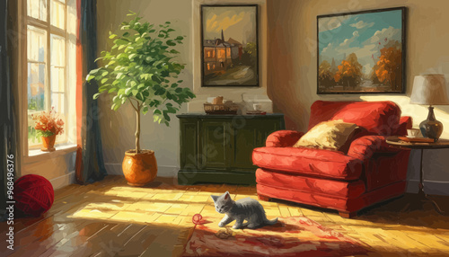 Cozy Living Room with Red Chair and Cat