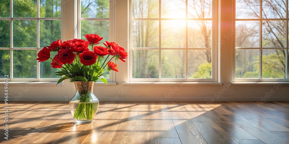 A beautiful vase of red flowers on a sunlit hardwood floor next to a window A beautiful vase of red flowers on a sunlit hardwood floor next to a window