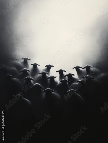 A haunting silhouette of sheep gathered in shadows, evoking mystery and intrigue in a monochrome landscape. photo