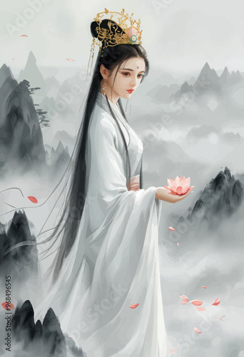 Eastern-inspired woman in white holding pink flower amidst misty mountains