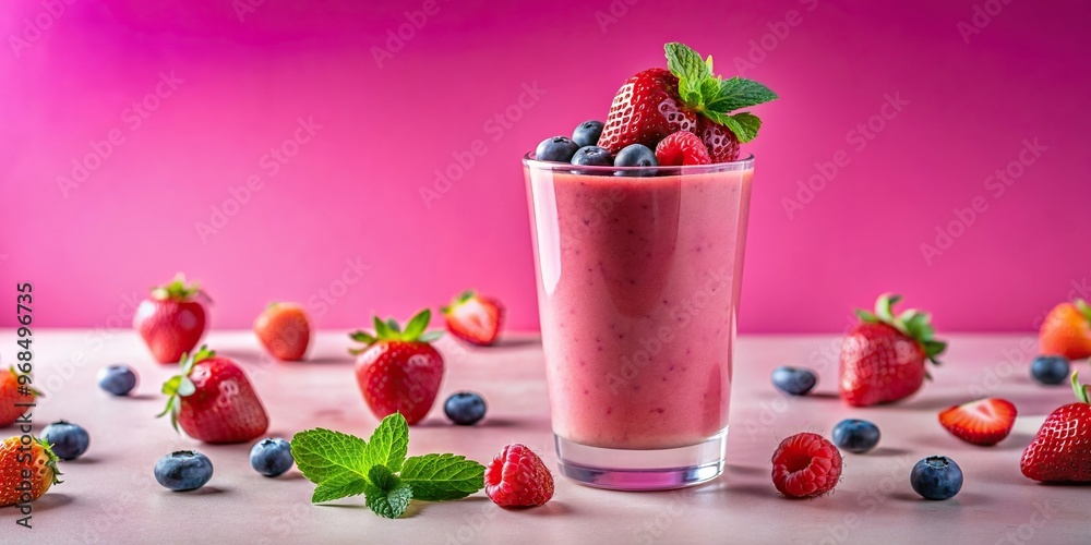 A vibrant and refreshing strawberry smoothie with fresh strawberries raspberries and blueberries floating around in a glass set against a pink background, drink, healthy, dairy-free A vibrant and refreshing strawberry smoothie with fresh strawberries raspberries and blueberries floating around in a glass set against a pink background, drink, healthy, dairy-free