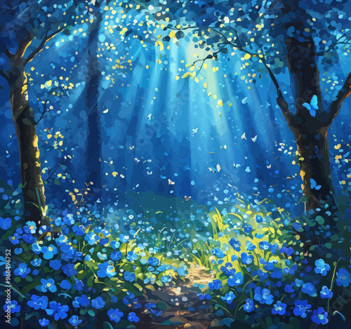 Enchanted Forest Pathway: A Dreamy Blue Flower-Filled Walkway with Sunbeams and Butterflies