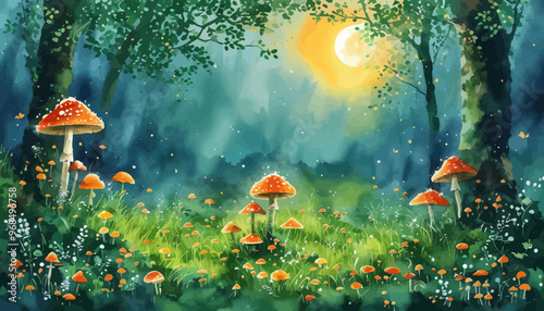 Enchanted Forest: A Dreamy Nighttime Scene with Mushrooms and a Full Moon