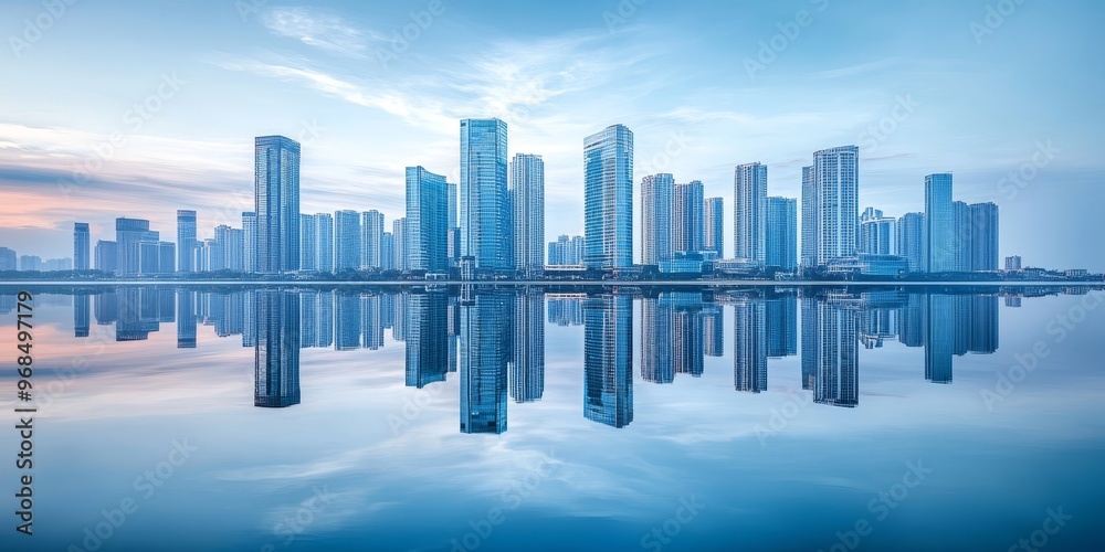 The reflection of a city skyline in a serene lake, where the modern buildings meet the calm water, creating a striking contrast The reflection of a city skyline in a serene lake, where the modern buildings meet the calm water, creating a striking contrast