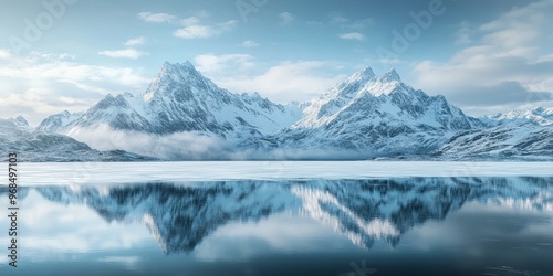 Frozen lake reflecting snow-dusted peaks under a soft winter sky, capturing the serene beauty of nature's seasonal transformation