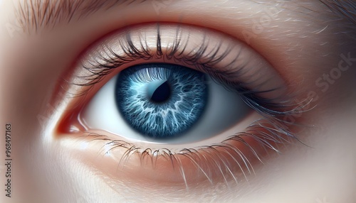 Close-up photo of a human eye with blue iris on a light background, reflecting a concept of beauty and detail.