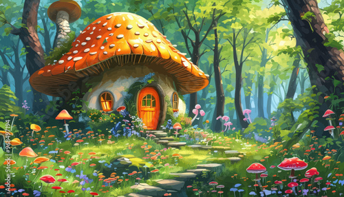 Fantastical Mushroom House in a Vibrant Forest