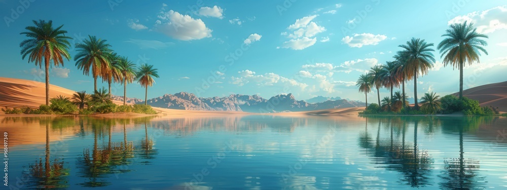 Syrian Desert Oasis: A serene oasis with palm trees amidst the vast desert. Syrian Desert Oasis: A serene oasis with palm trees amidst the vast desert.