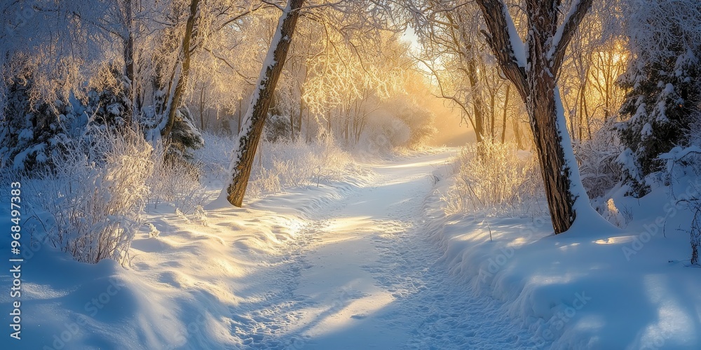 Snow-draped path in a national park, with the morning sun casting soft light on the frosty branches and untouched snow Snow-draped path in a national park, with the morning sun casting soft light on the frosty branches and untouched snow
