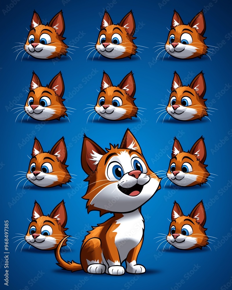 A cute cartoon cat with various expressions, showcasing joy and playfulness against a vibrant blue background. A cute cartoon cat with various expressions, showcasing joy and playfulness against a vibrant blue background.