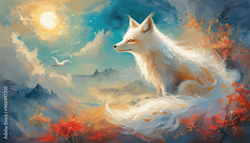 Fantasy Fox: A Dreamy Forest Scene with a White Fox and Birds