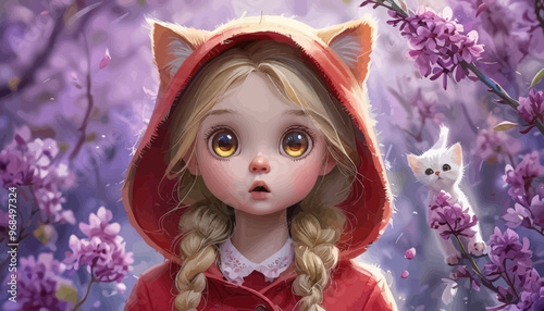 Fantasy-themed illustration of a girl with cat ears and a floral background