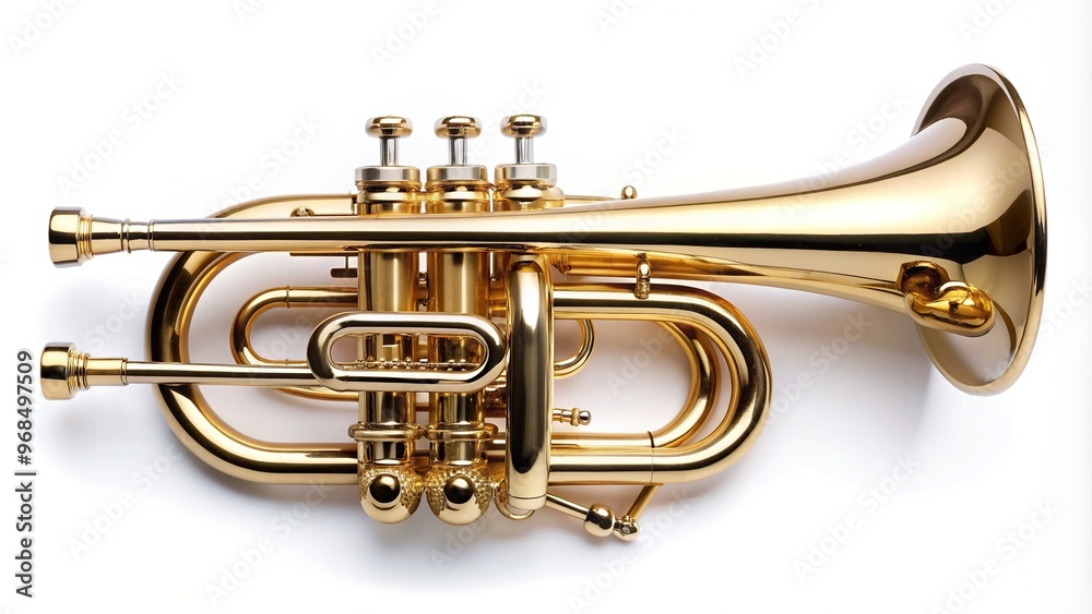 Obraz premium jazz, sound, musical instrument, symphony, high angle, wind instrument, music, A classical wind musical instrument the cornet isolated on a white background in a high angle shot