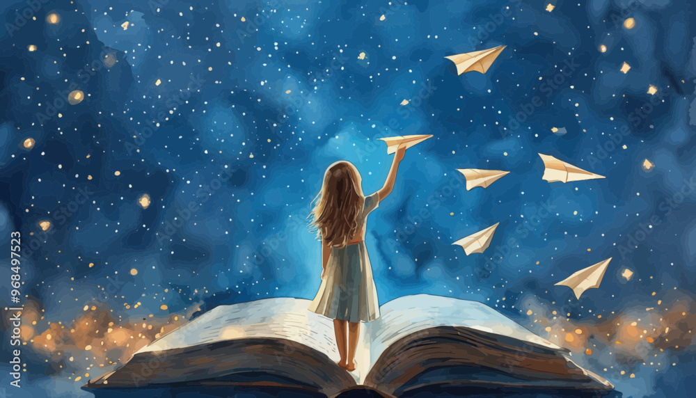 Naklejka premium Flying Kites at Night: A Dreamy Illustration of a Girl Standing on an Open Book with Kites Soaring in the Sky