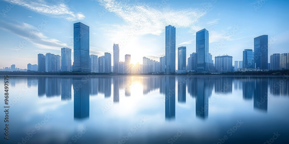 A dynamic city skyline mirrored in the waters of a river, where the tall buildings are perfectly reflected in the calm surface A dynamic city skyline mirrored in the waters of a river, where the tall buildings are perfectly reflected in the calm surface