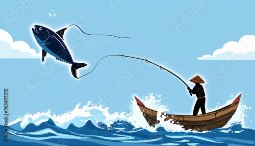 Fishing Boat with Fish Jumping Over Waves