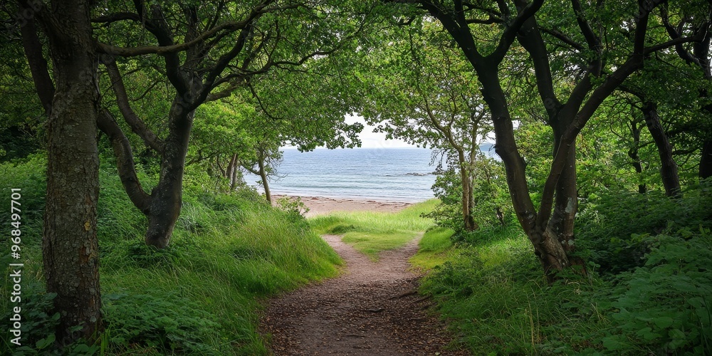 a woodland trail that ends at a beach, the trees framing the path as it opens to the sea a woodland trail that ends at a beach, the trees framing the path as it opens to the sea
