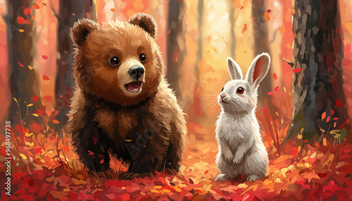 Friendly Encounter: A Bear and Bunny in Autumn