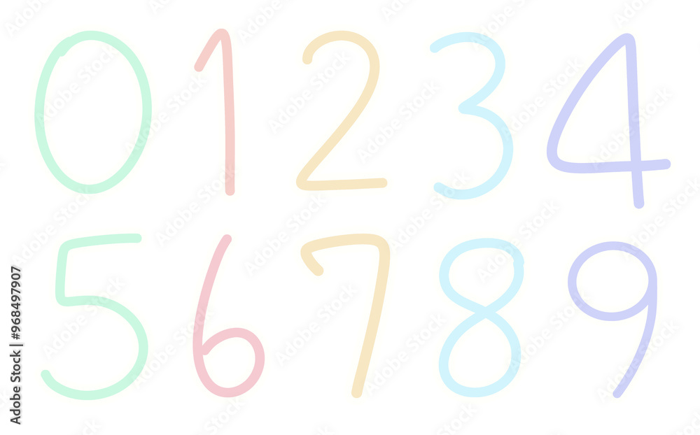 This image features a set of numbers from 0 to 9, each uniquely colored in soft pastel shades. This image features a set of numbers from 0 to 9, each uniquely colored in soft pastel shades.