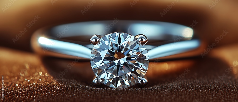 Close-up of a sparkling diamond ring on a brown surface. Close-up of a sparkling diamond ring on a brown surface.