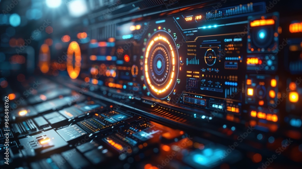 Futuristic interface with glowing digital display and circuit board. Futuristic interface with glowing digital display and circuit board.