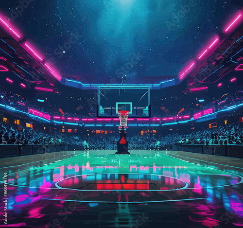 Illuminated Basketball Court with Floating Hoop and Spectators