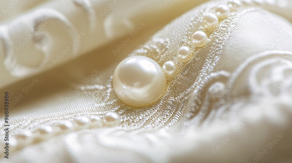 Close-Up of Pearls on White Fabric. Close-Up of Pearls on White Fabric.