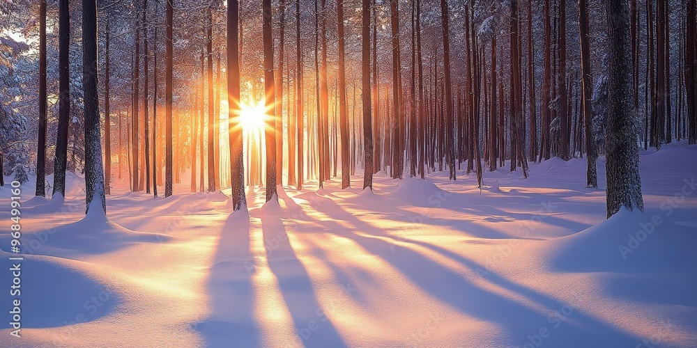 The quiet stillness of a winter forest at sunrise, where the fresh snow and warm light create a tranquil winter scene The quiet stillness of a winter forest at sunrise, where the fresh snow and warm light create a tranquil winter scene