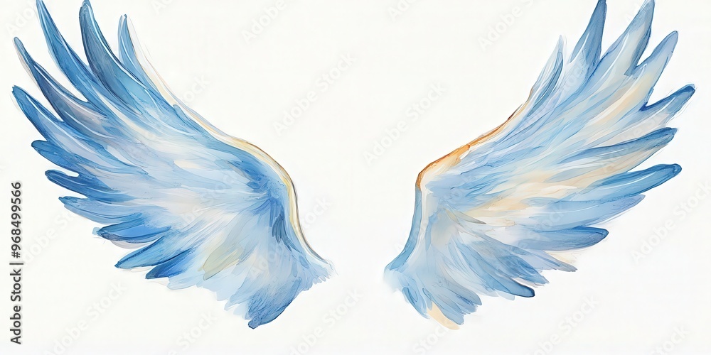 Obraz premium Beautiful watercolor wings with soft blue hues, symbolizing freedom and spirituality, perfect for artistic and inspirational projects.